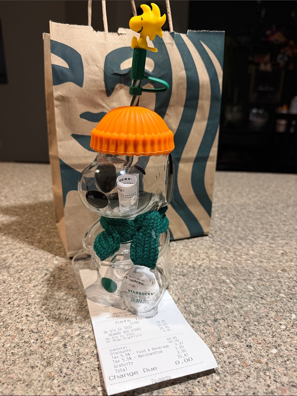 Peanuts x Starbucks Green Scarf Snowman Glass Bottle with Orange Cap